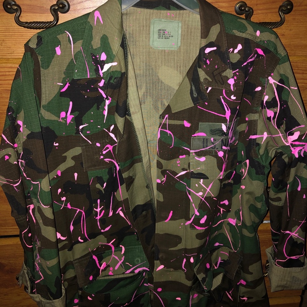 Pink splattered camouflage jacket